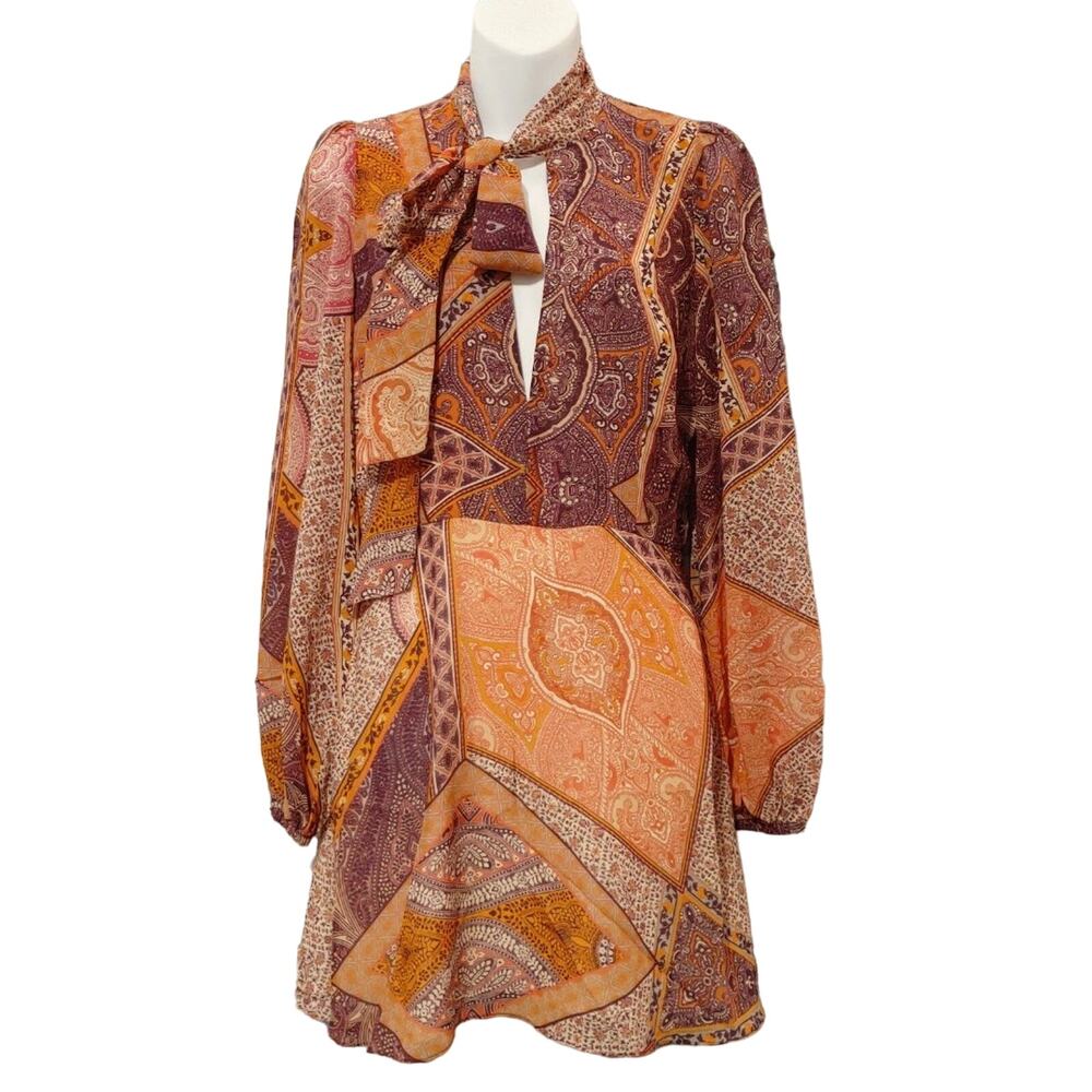 Divine Heritage Revolve Paisley Patchwork Silk Long Sleeve Orange Mini Dress XS - Picture 2 of 7